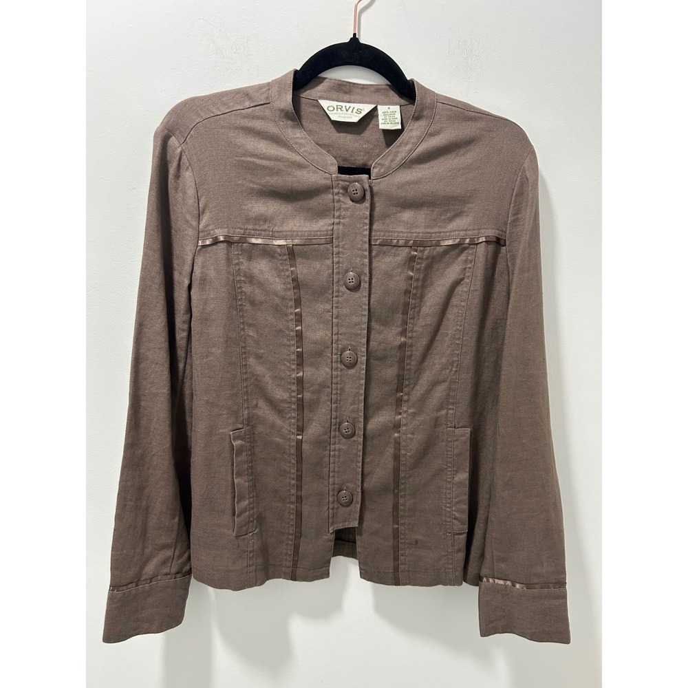 Orvis Womens Brown 100% Linen Satin Ribbon Trim Button Front Jacket Size 6